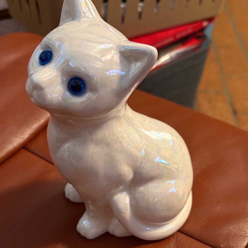 White Ceramic Cat Figurine with Blue Eyes - Home Art Ceramics